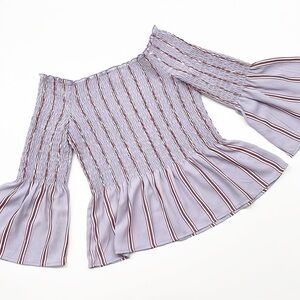 Candie's lavender striped off the shoulder bell sleeve ruched top